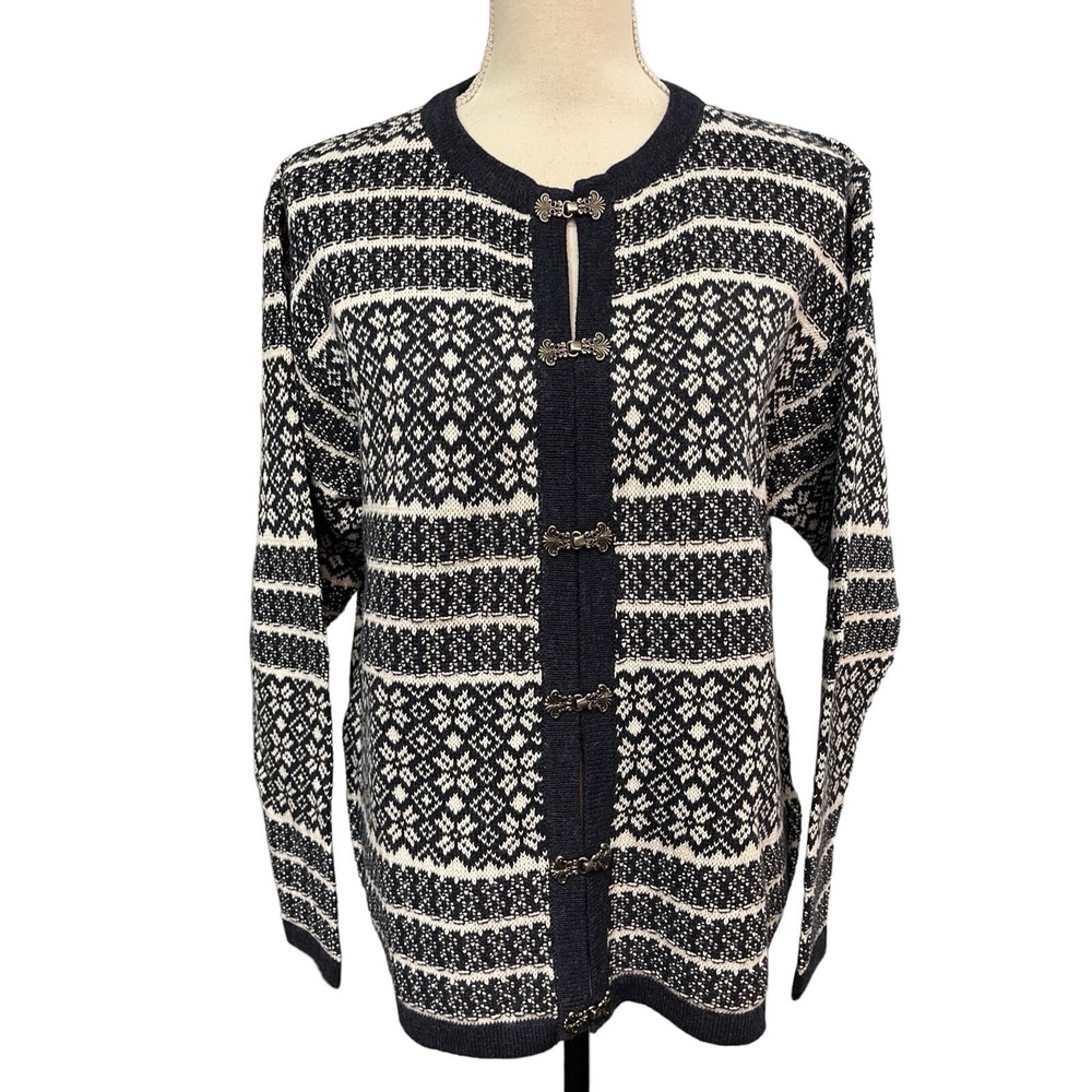 Vintage‎ Woolrich Sweater Blue Nordic Fair Isle Size M Silver Clasp Cardigan